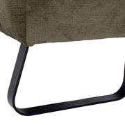 Nahaufnahme einer olivgrünen 2er-Sitzbank mit schwarzem Metallgestell, seitliche Perspektive