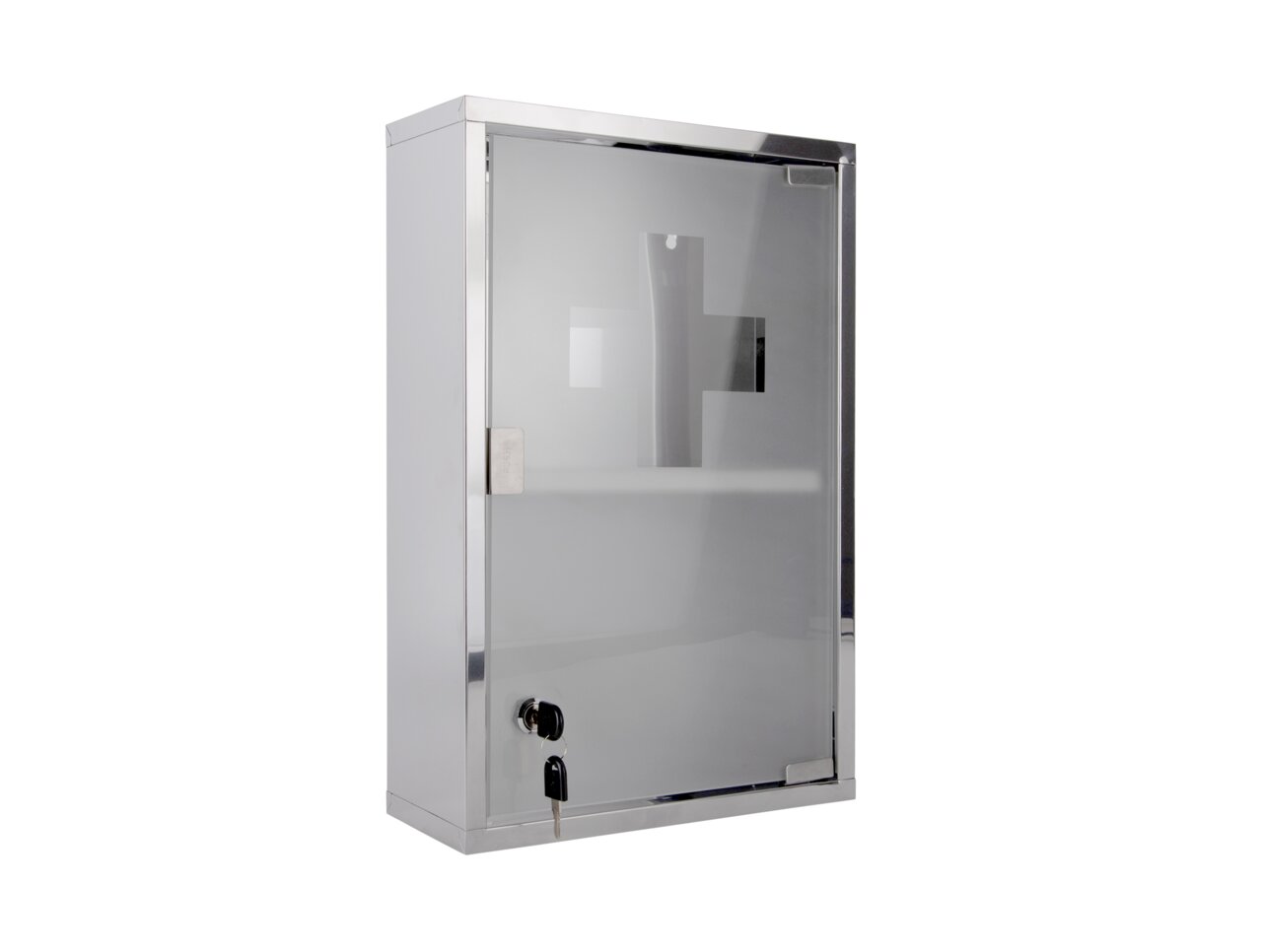 Medizinschrank Large aus Metall mit Glastür, seitliche Perspektive, mit Schloss und Schlüsseln.