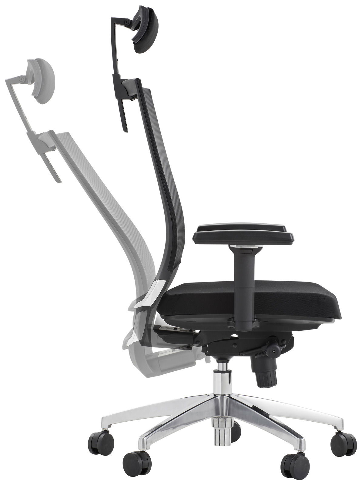 Seitenansicht eines verstellbaren Drehstuhls mit Kopfstütze und Armlehne, auf einem stabilen Metallfuß mit Rollen.