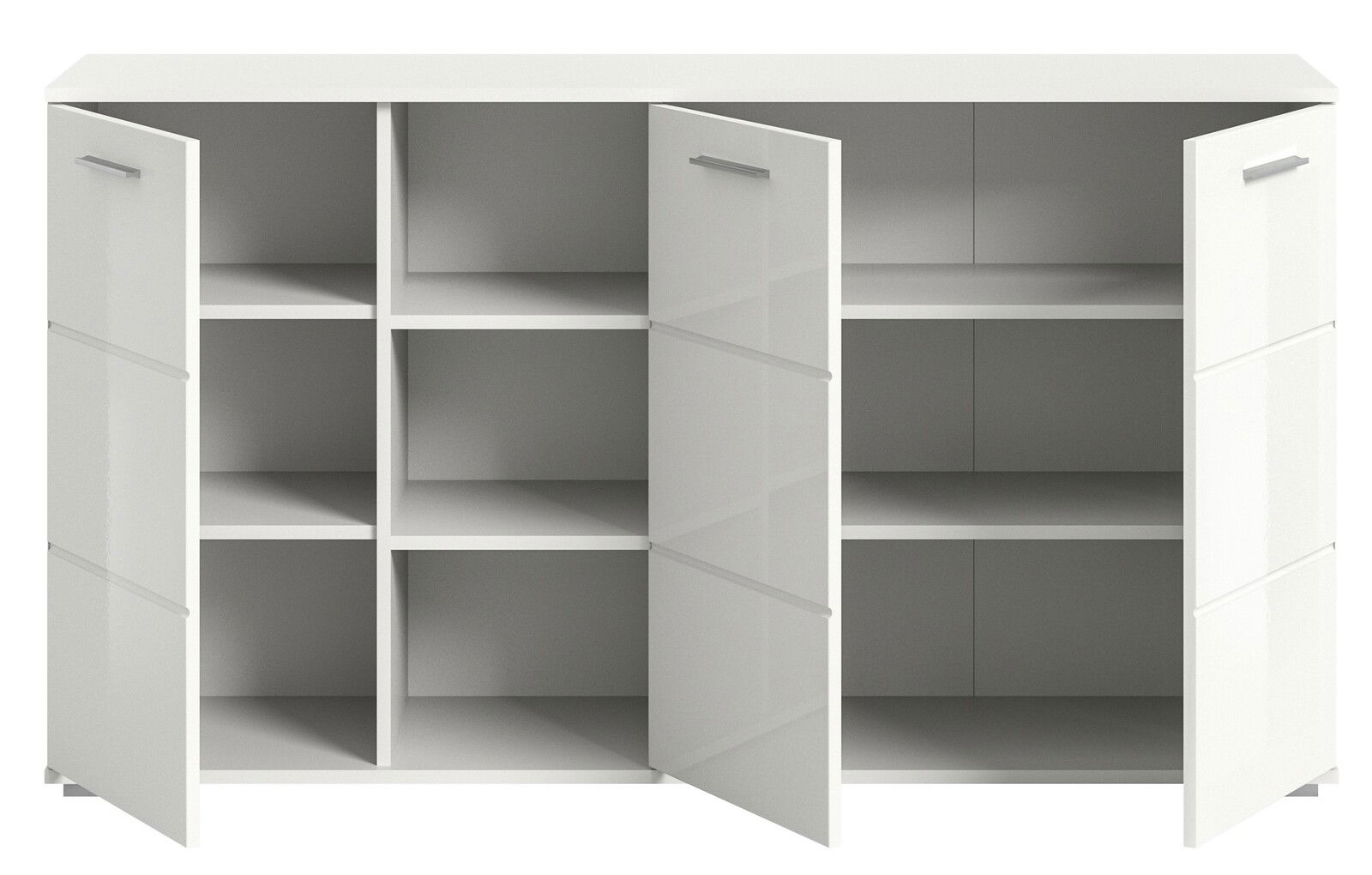 Weiße Kommode mit offenen Türen, zeigt mehrere Fächer, Frontalansicht