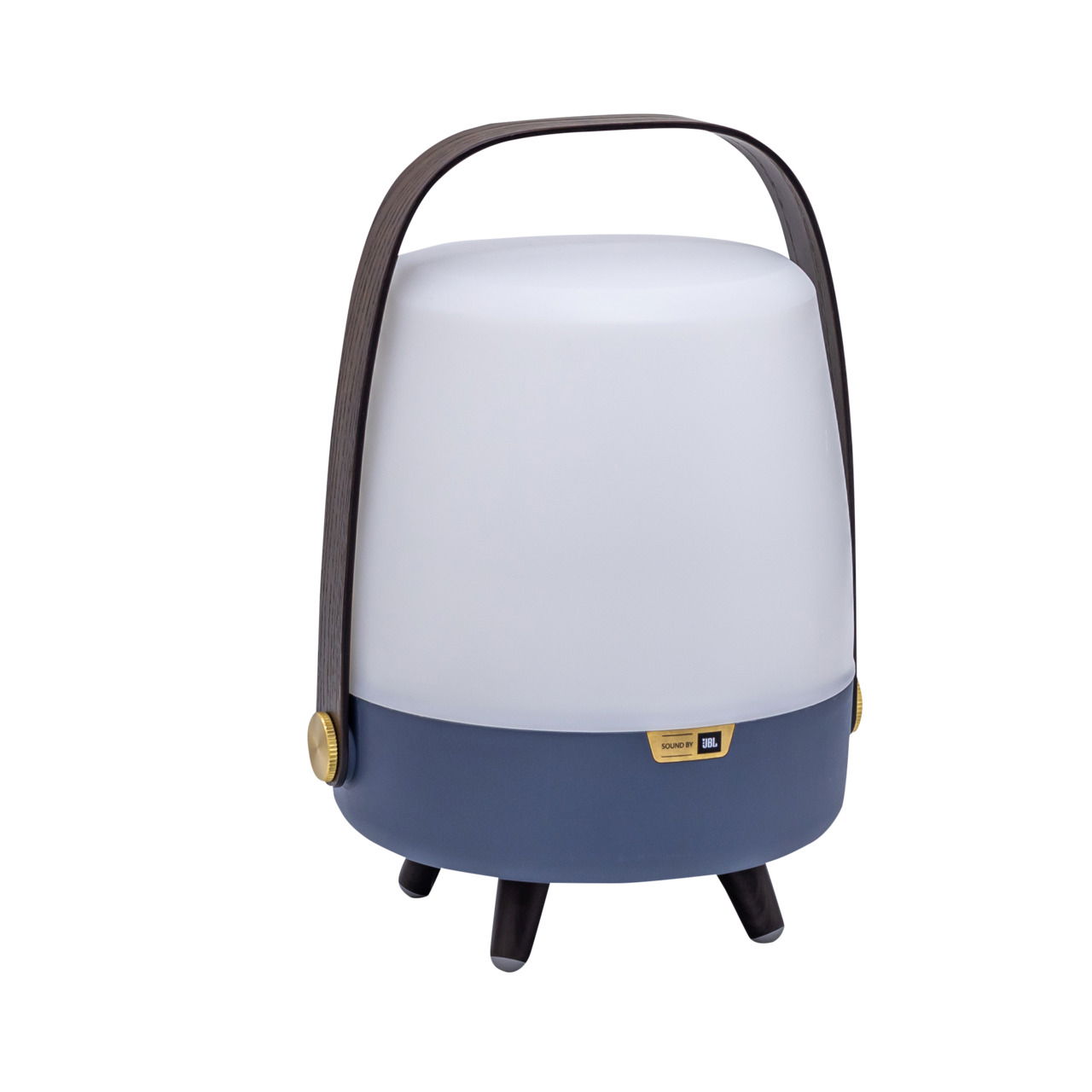 Tragbare Lampe mit weißem Schirm und blauem Sockel, seitliche Ansicht mit Griff.