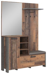 Garderobe aus Holz mit Spiegel, Regalen und Sitzbank, seitliche Perspektive