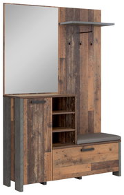 Garderobe aus Holz mit Spiegel, Regalen und Sitzbank, seitliche Perspektive