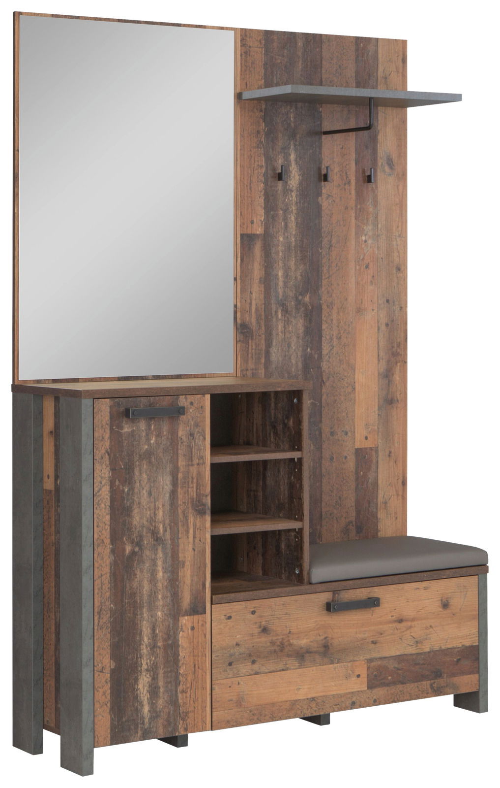 Garderobe aus Holz mit Spiegel, Regalen und Sitzbank, seitliche Perspektive