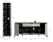 Maßgrafik eines zweiteiligen Möbelsets: hoher Schrank (ca. 245 × 192 × 41 cm) und niedriges Sideboard (ca. 185 × 80 × 41 cm) in Grau mit offenen Fächern, Türen und Klappe, inklusive Fachhöhen und Belastungsangaben; Perspektive: frontale Ansicht mit leicht
