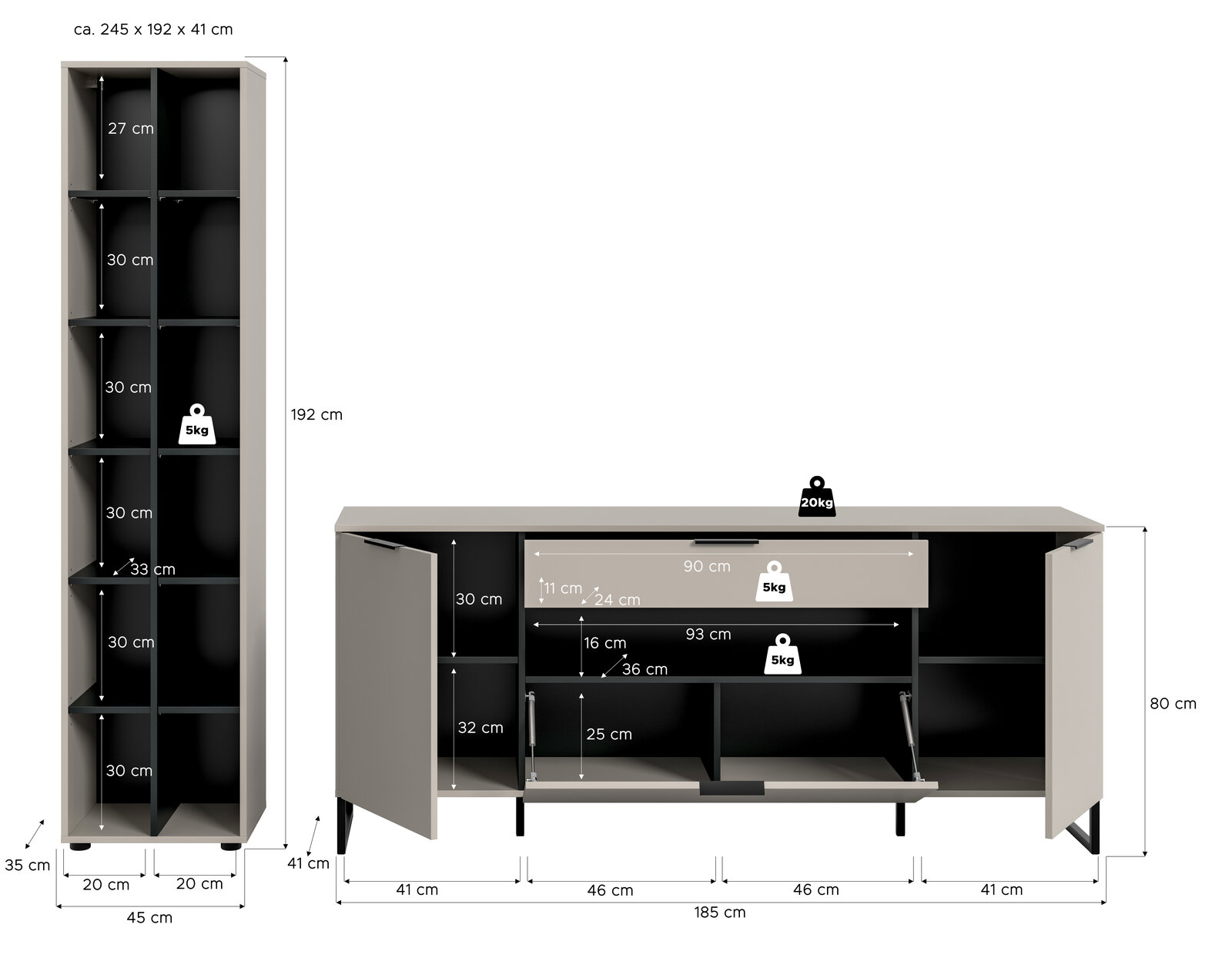 Maßgrafik eines zweiteiligen Möbelsets: hoher Schrank (ca. 245 × 192 × 41 cm) und niedriges Sideboard (ca. 185 × 80 × 41 cm) in Grau mit offenen Fächern, Türen und Klappe, inklusive Fachhöhen und Belastungsangaben; Perspektive: frontale Ansicht mit leicht