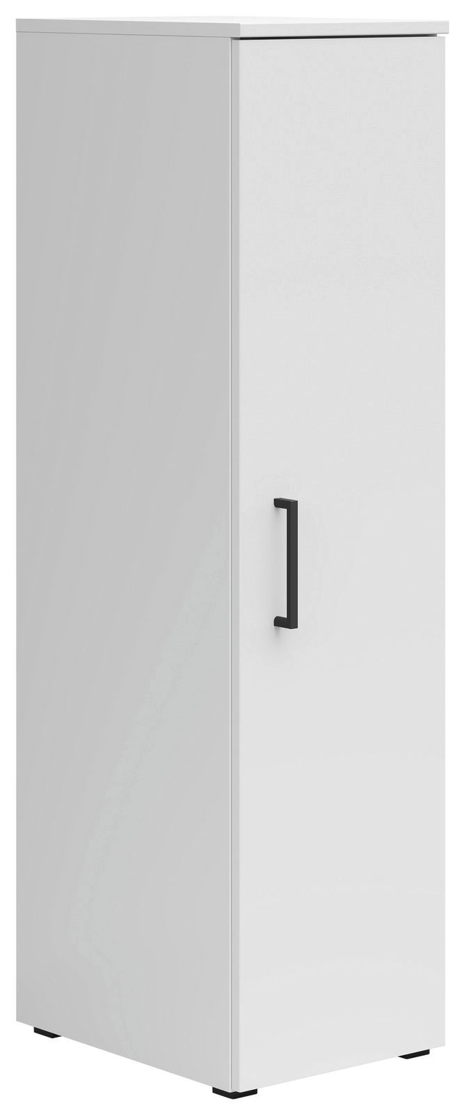 Weißer Mehrzweckschrank mit schwarzem Griff, seitliche Perspektive