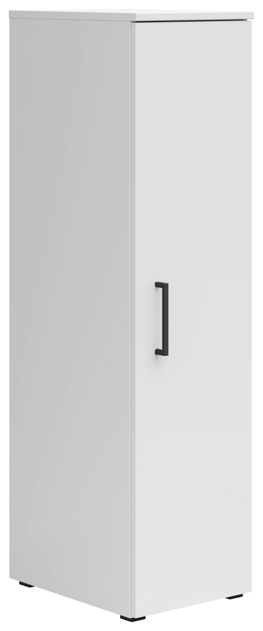 Weißer Mehrzweckschrank mit schwarzem Griff, seitliche Perspektive