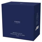 Verpackung des Purismo Trinkglas-Sets, 12-teilig, in dunkelblauer Box, schräg von vorne fotografiert.