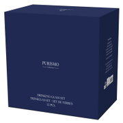 Verpakking van de Purismo-drinkglazenset, 12-delig, in een donkerblauwe doos, schuin van voren gefotografeerd.