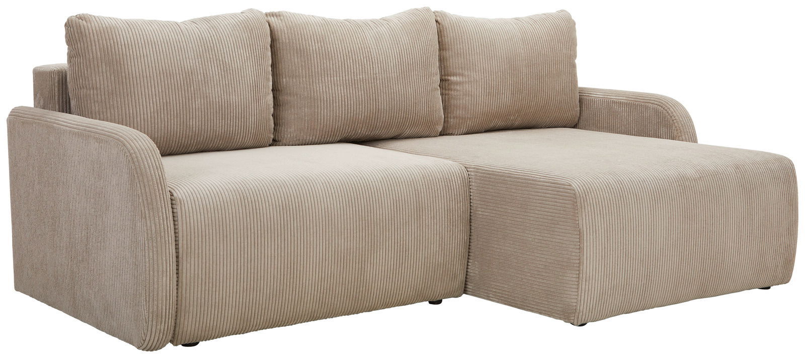 Beiges Ecksofa JENIFER mit geripptem Stoffbezug, dreisitzig, mit rechter Armlehne, Perspektive von vorne links