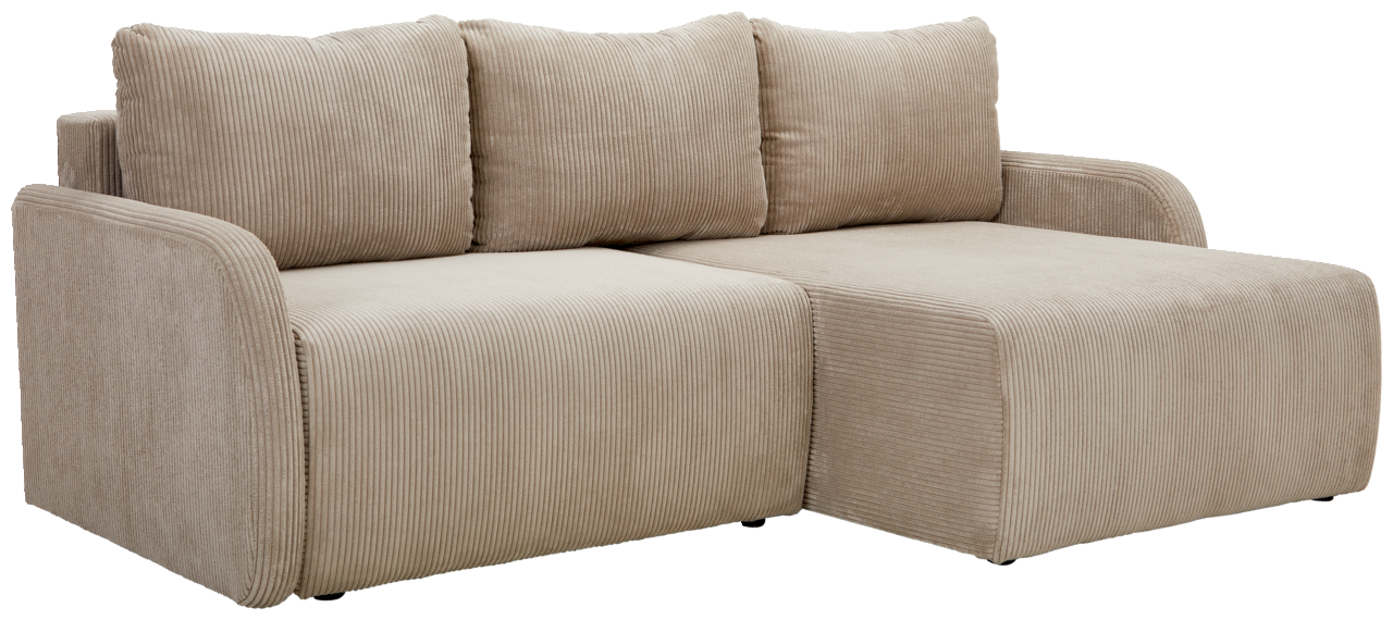 Beiges Ecksofa JENIFER mit geripptem Stoffbezug, dreisitzig, mit rechter Armlehne, Perspektive von vorne links