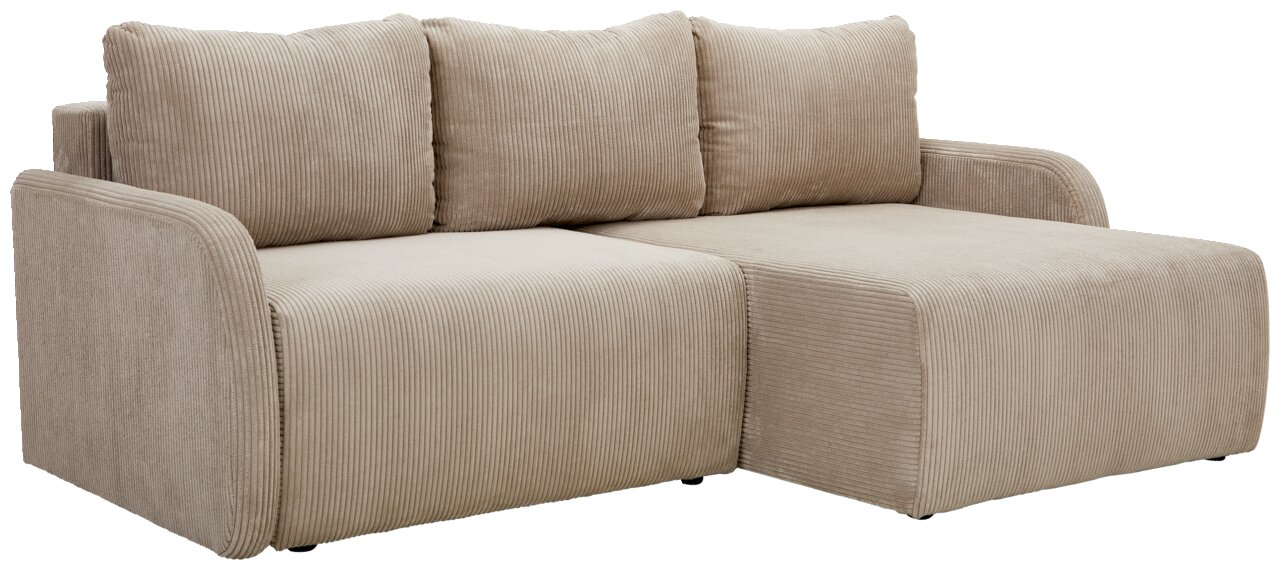 Beiges Ecksofa JENIFER mit geripptem Stoffbezug, dreisitzig, mit rechter Armlehne, Perspektive von vorne links