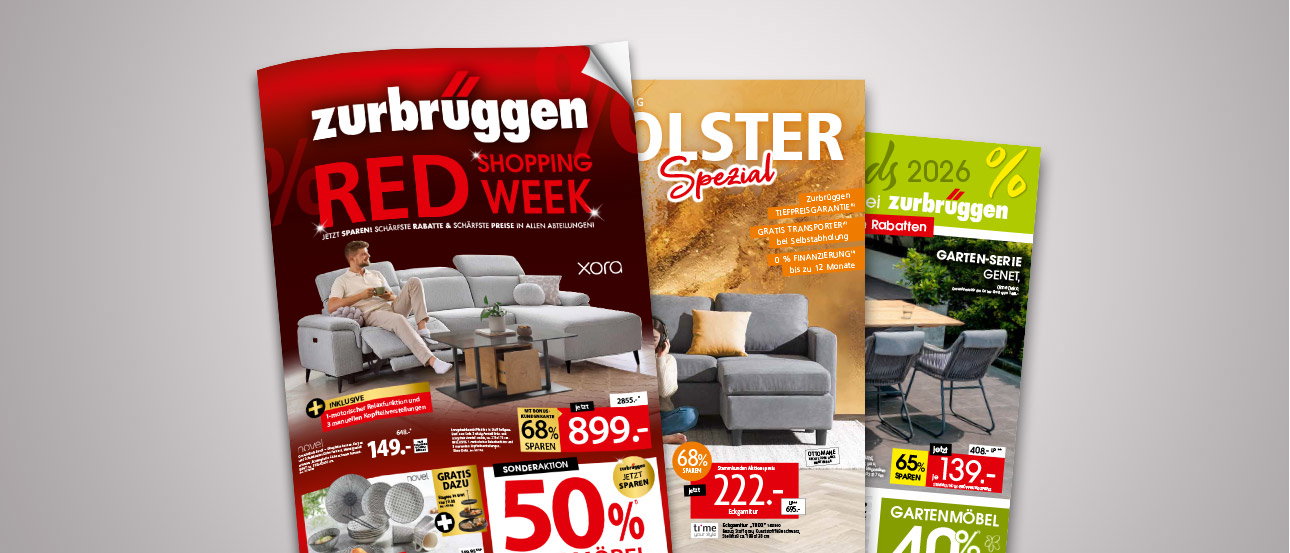 Smartphone mit Zurbrüggen Red Week Prospekt und weiteren Angebotsprospekten im Hintergrund.