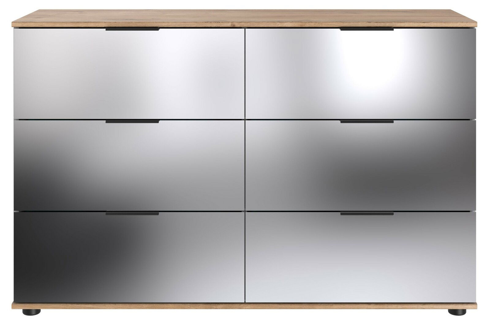 Moderne Kommode mit sechs spiegelnden Schubladen und Holzoberfläche, Frontalansicht