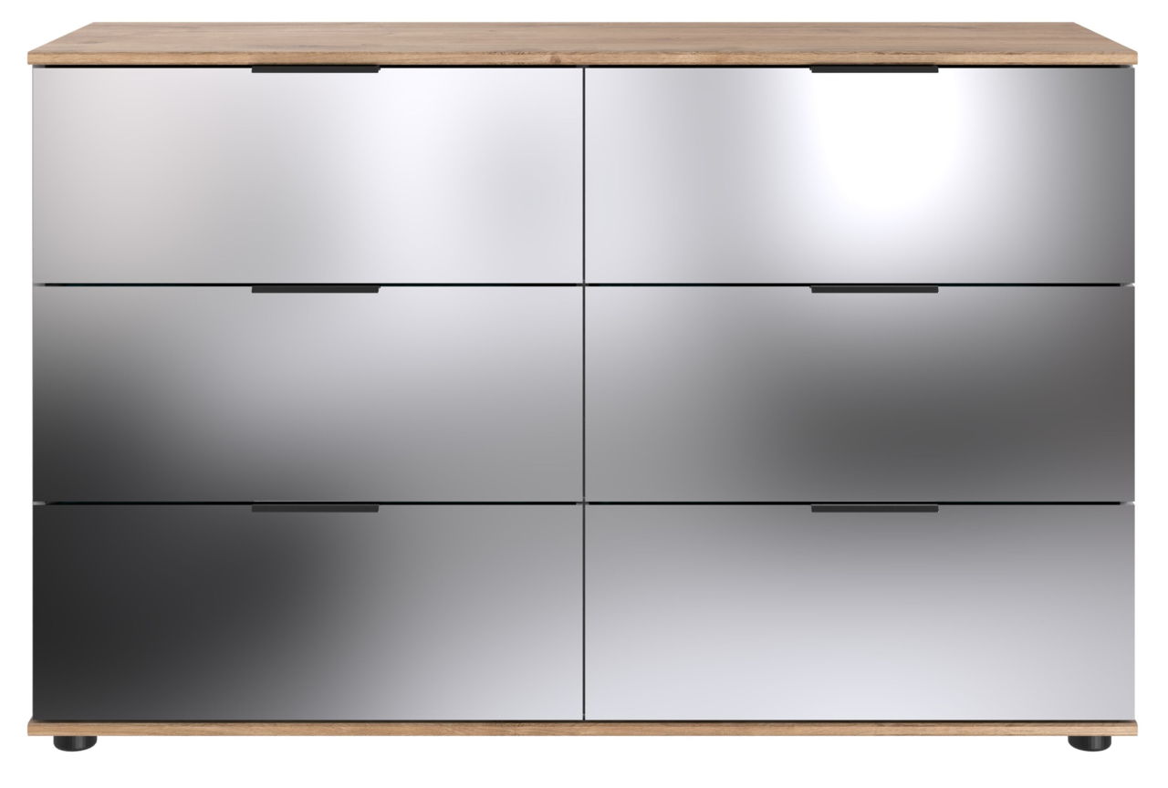 Moderne Kommode mit sechs spiegelnden Schubladen und Holzoberfläche, Frontalansicht