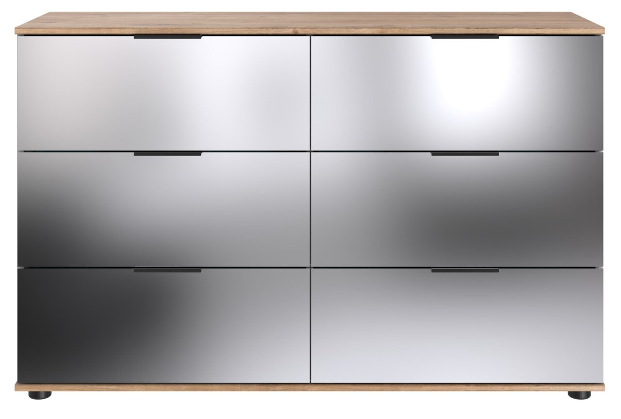 Moderne Kommode mit sechs spiegelnden Schubladen und Holzoberfläche, Frontalansicht