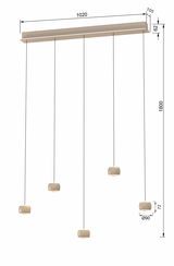 LED-Pendelleuchte mit fünf hängenden Leuchtkörpern, seitliche Perspektive