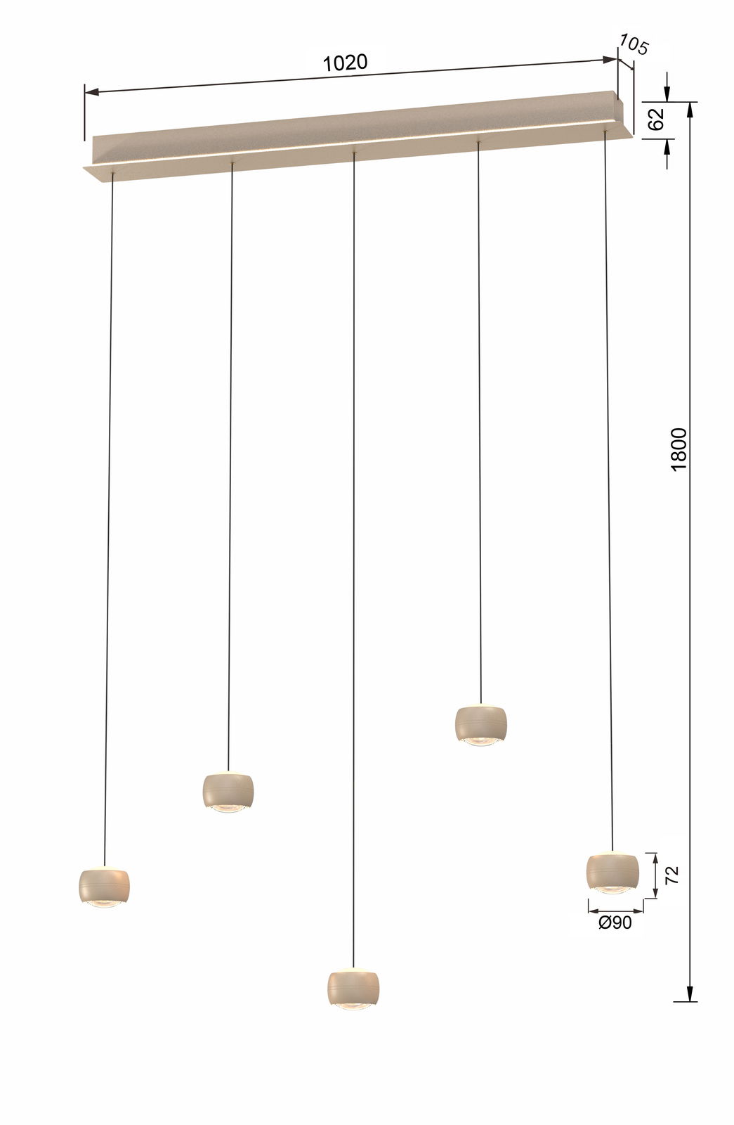 LED-Pendelleuchte mit fünf hängenden Leuchtkörpern, seitliche Perspektive