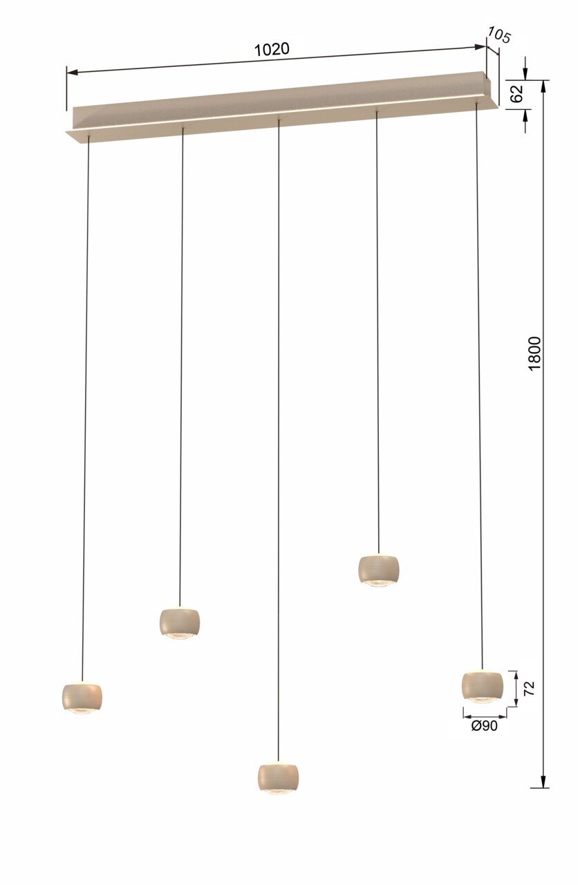 LED-Pendelleuchte mit fünf hängenden Leuchtkörpern, seitliche Perspektive