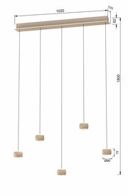 LED-Pendelleuchte mit fünf hängenden Leuchtkörpern, seitliche Perspektive
