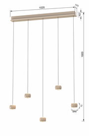 LED-Pendelleuchte mit fünf hängenden Leuchtkörpern, seitliche Perspektive