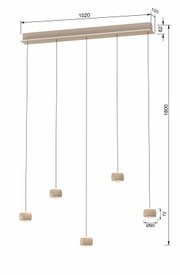 LED-Pendelleuchte mit fünf hängenden Leuchtkörpern, seitliche Perspektive
