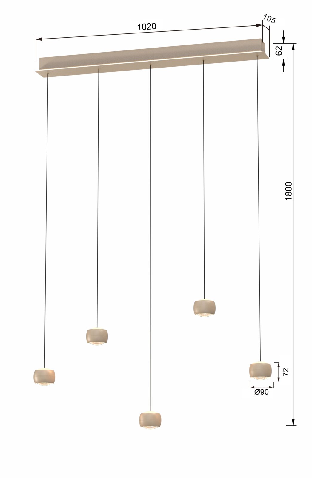 LED-Pendelleuchte mit fünf hängenden Leuchtkörpern, seitliche Perspektive
