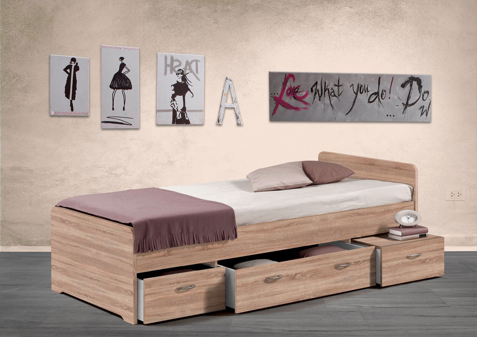 Jugendbett aus Holz mit zwei offenen Schubladen und einer Kommode, seitliche Perspektive.