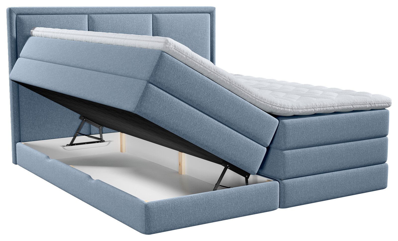 Lichtblauw gestoffeerd boxspringbed met hoog hoofdbord, witte topper en omhooggeklapte bedbodem met ruime opbergruimte, schuin van voren bekeken