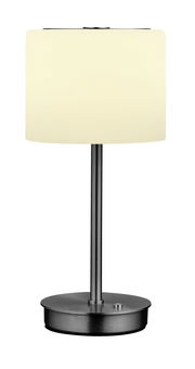 LED-Tischleuchte mit zylindrischem, weißem Lampenschirm und schwarzem Metallfuß, frontal abgebildet.