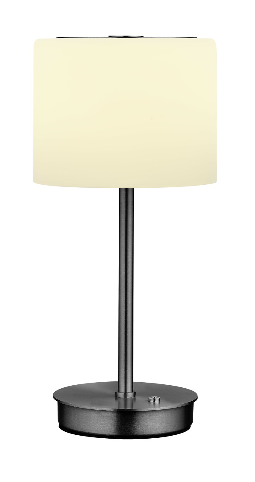 LED-Tischleuchte mit zylindrischem, weißem Lampenschirm und schwarzem Metallfuß, frontal abgebildet.