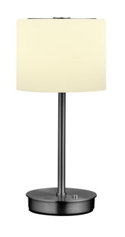 LED-tafellamp met een cilindervormige, witte lampenkap en een zwarte metalen voet, afgebeeld van voren.