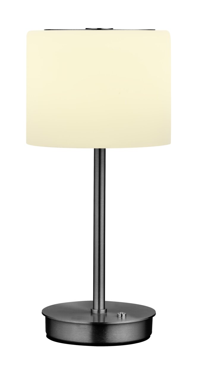 LED-tafellamp met een cilindervormige, witte lampenkap en een zwarte metalen voet, afgebeeld van voren.