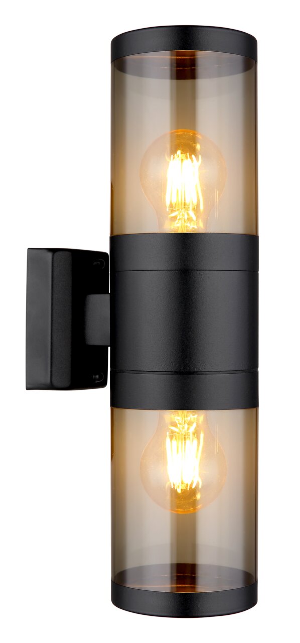 Globo Lighting Außenleuchte XELOO Moderne Außenleuchte mit zylindrischem Design, schwarzem Gehäuse und zwei sichtbaren Glühbirnen, seitliche Perspektive.