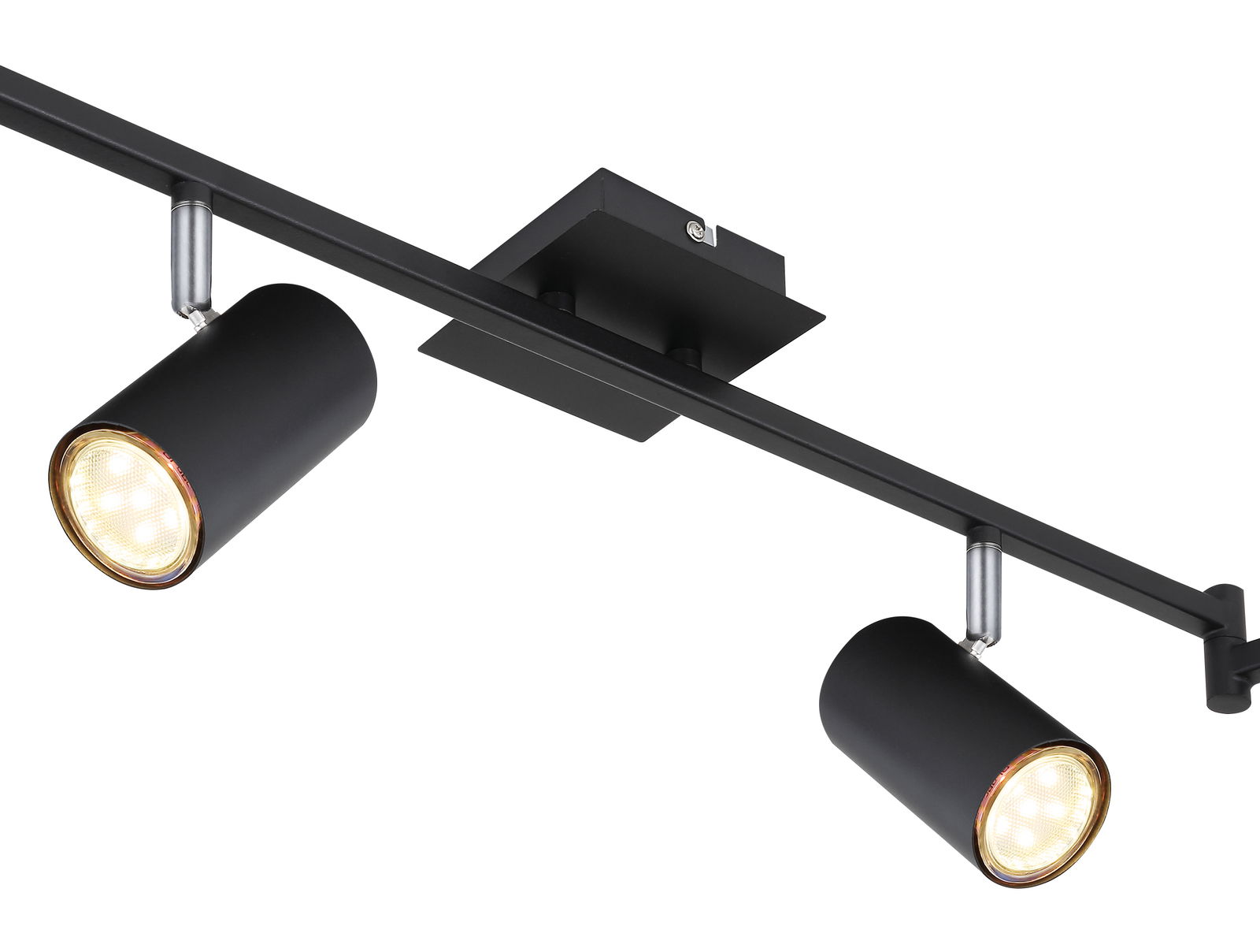 Moderner schwarzer Strahler mit zwei zylindrischen Leuchten, seitliche Perspektive