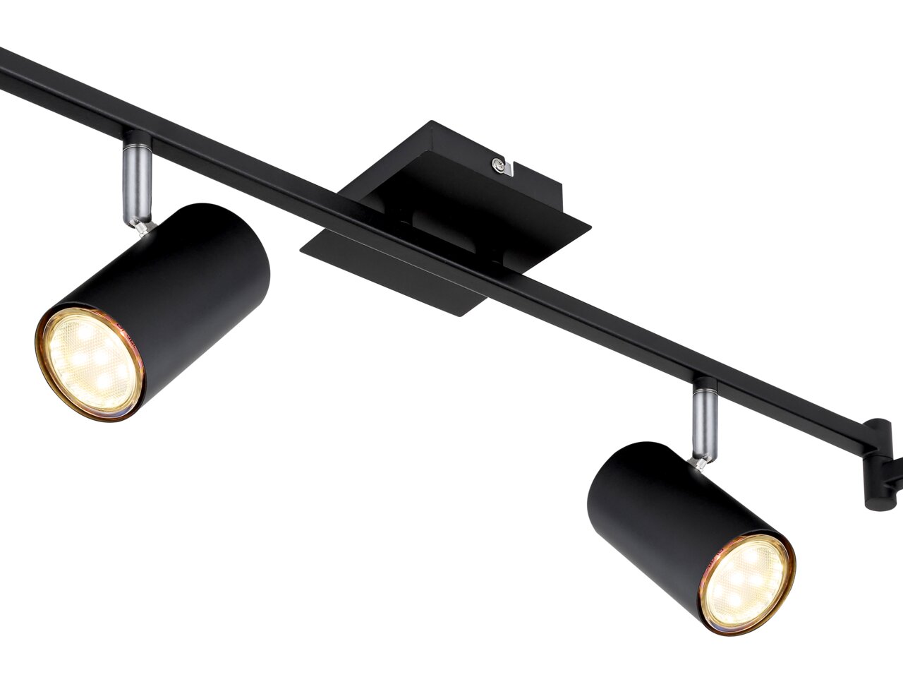 Moderne zwarte spot met twee cilindervormige lampen, zijaanzicht