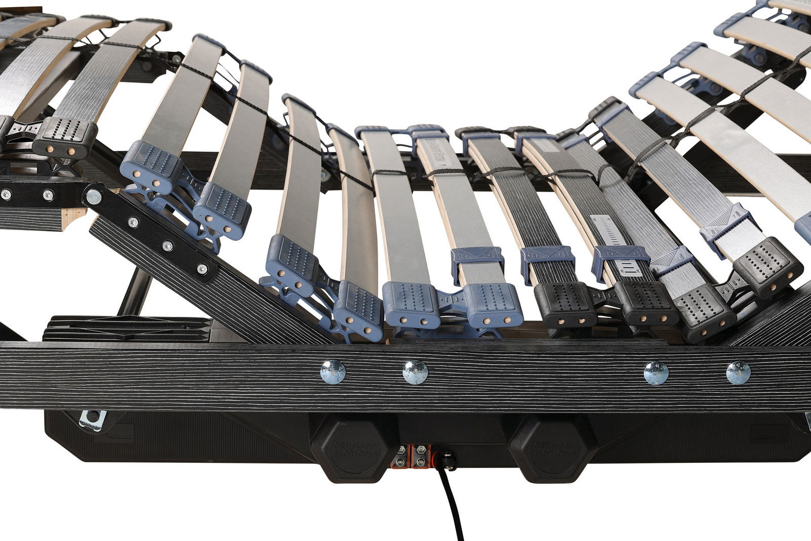 Elektrischer Federholzrahmen mit verstellbaren Latten, seitliche Perspektive