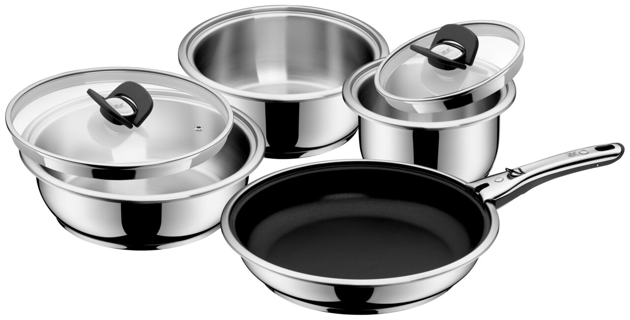 Topfset Click & Serve 6-teilig aus Edelstahl mit Glasdeckeln, seitliche Perspektive