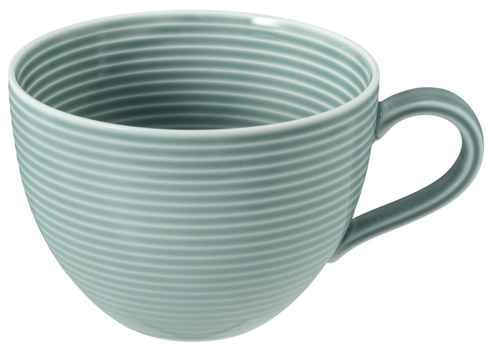 Milchkaffeetasse 0,35l mit horizontalen Rillen in einem sanften Grünton, seitliche Perspektive
