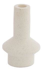 Moderner Kerzenständer aus cremefarbenem, gesprenkeltem Material, seitliche Perspektive