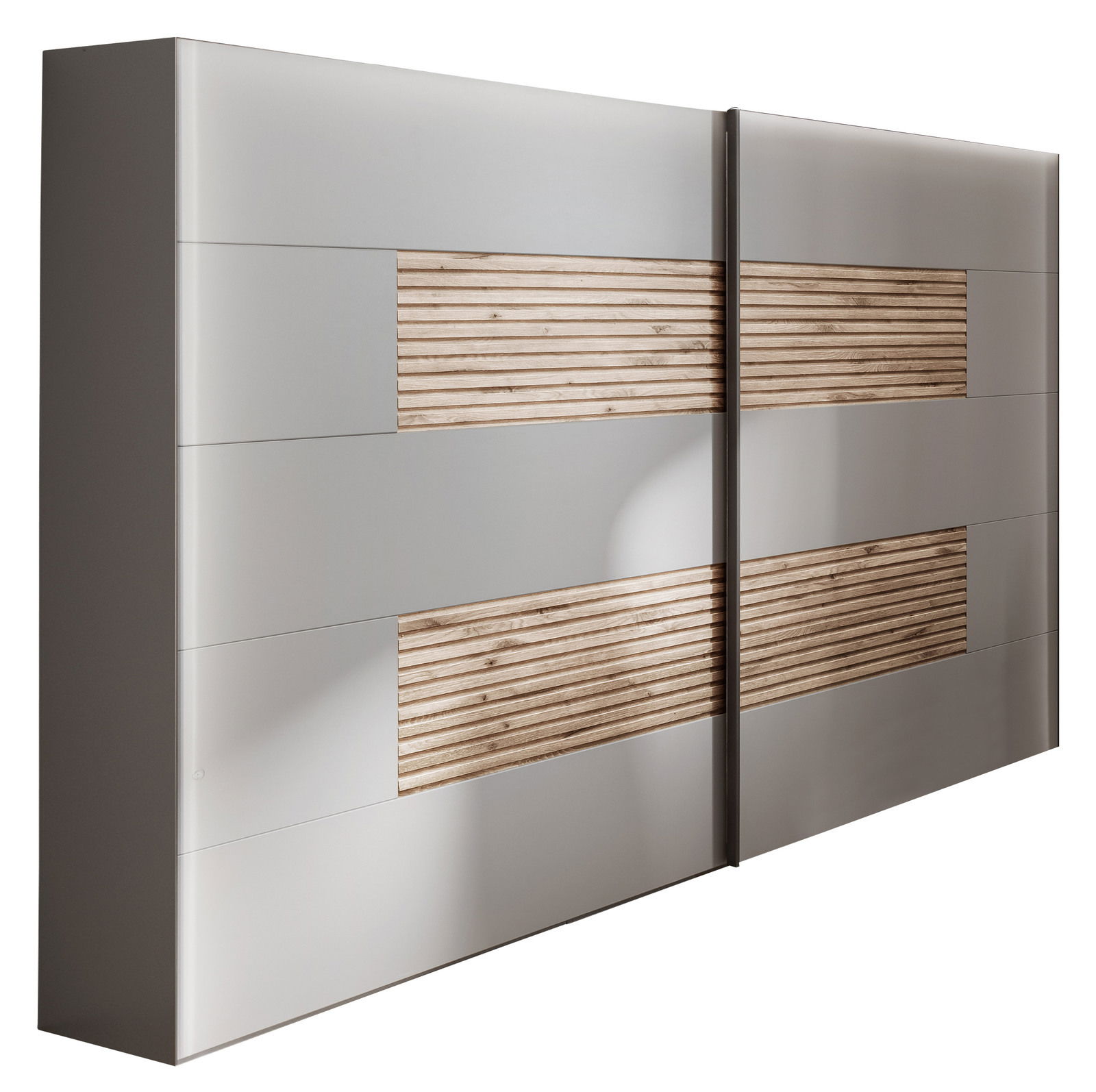 Schwebetürenschrank mit zwei Türen, graue Front mit horizontalen Holzeinsätzen, seitliche Perspektive