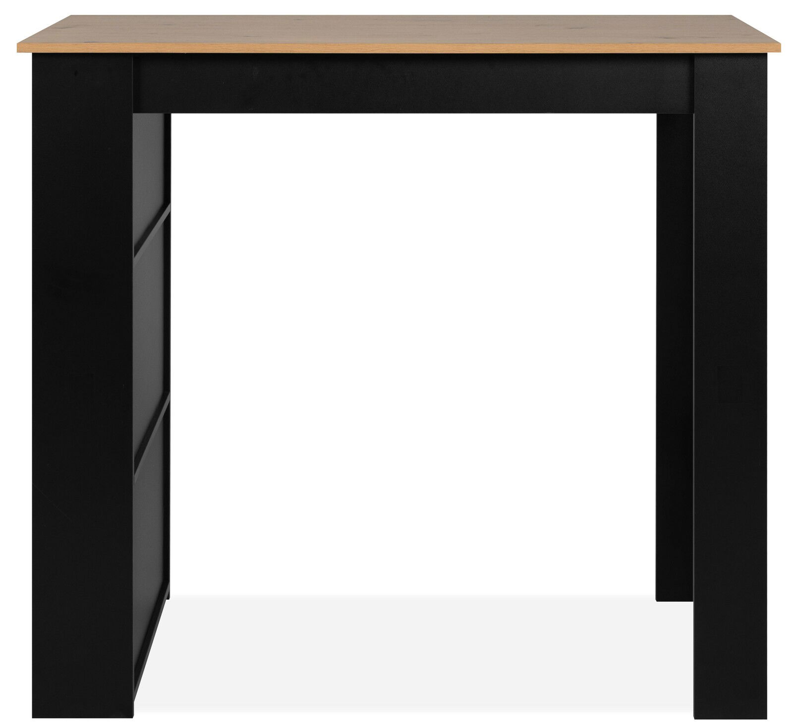 Moderner Bartisch mit schwarzem Gestell und heller Holzplatte, Frontalansicht