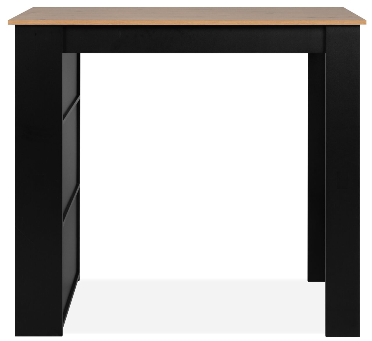 Moderner Bartisch mit schwarzem Gestell und heller Holzplatte, Frontalansicht