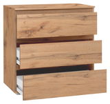 Holzkommode mit drei offenen Schubladen, seitliche Perspektive