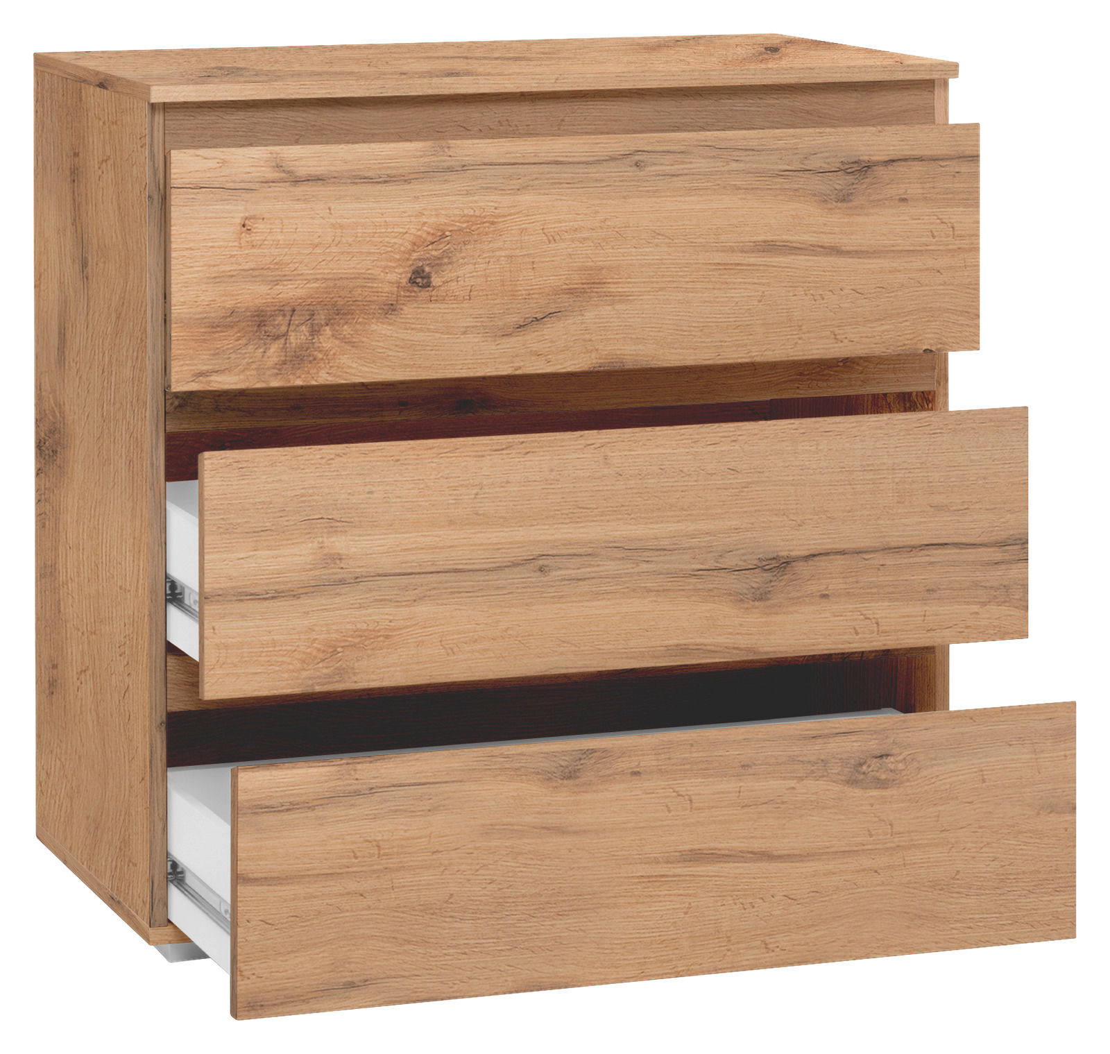 Holzkommode mit drei offenen Schubladen, seitliche Perspektive