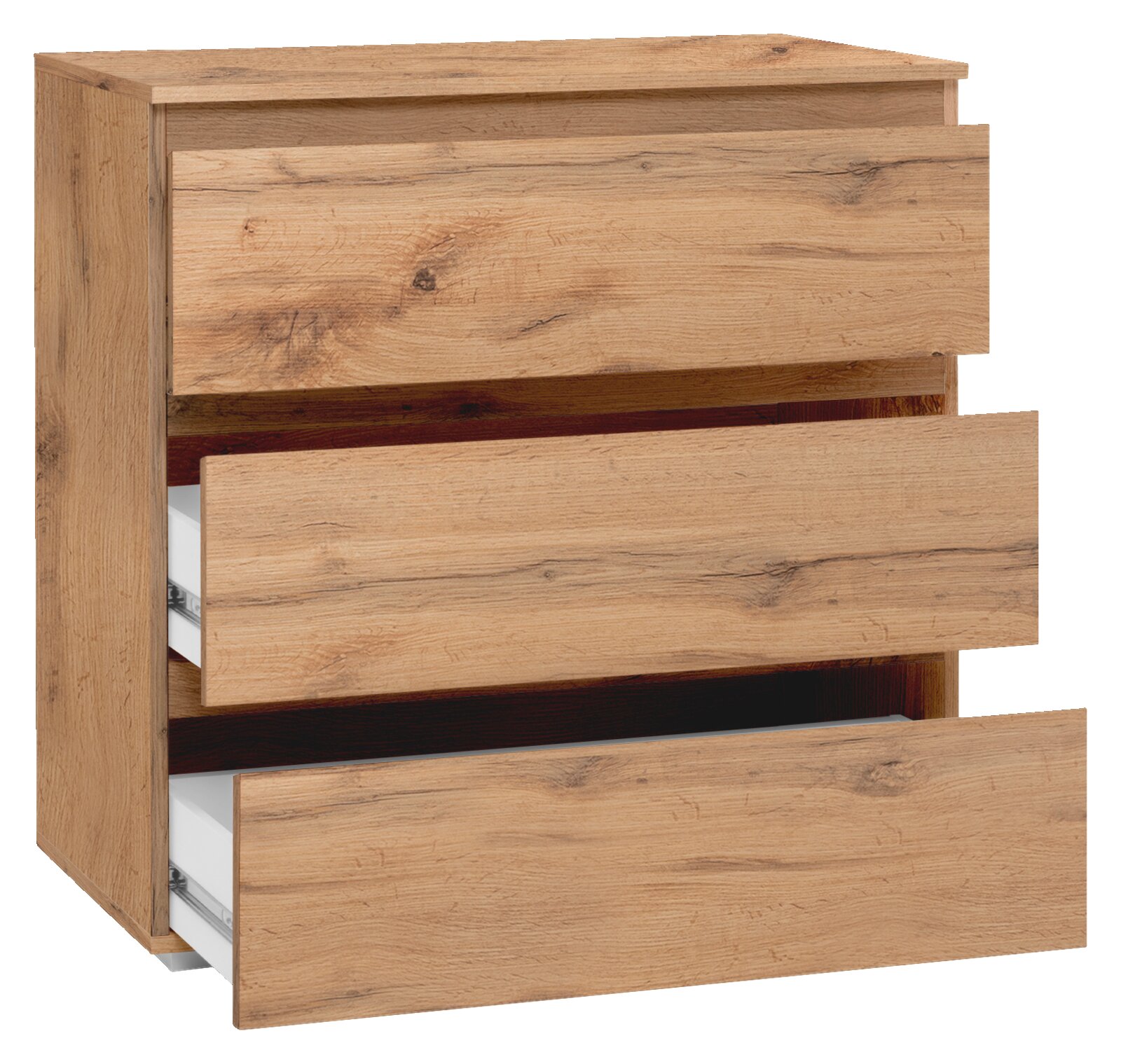 Holzkommode mit drei offenen Schubladen, seitliche Perspektive