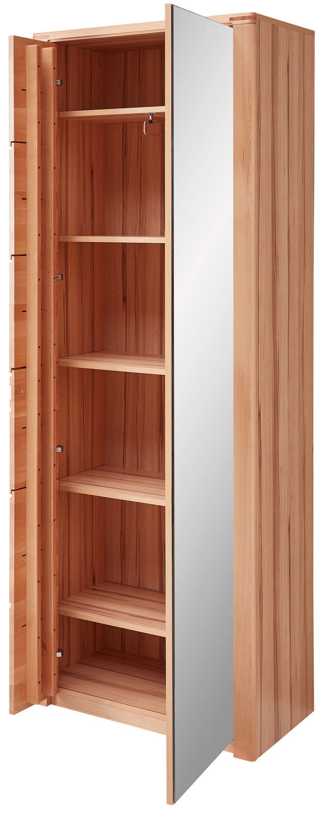 Holzgarderobe mit Spiegel, offene Tür, seitliche Perspektive