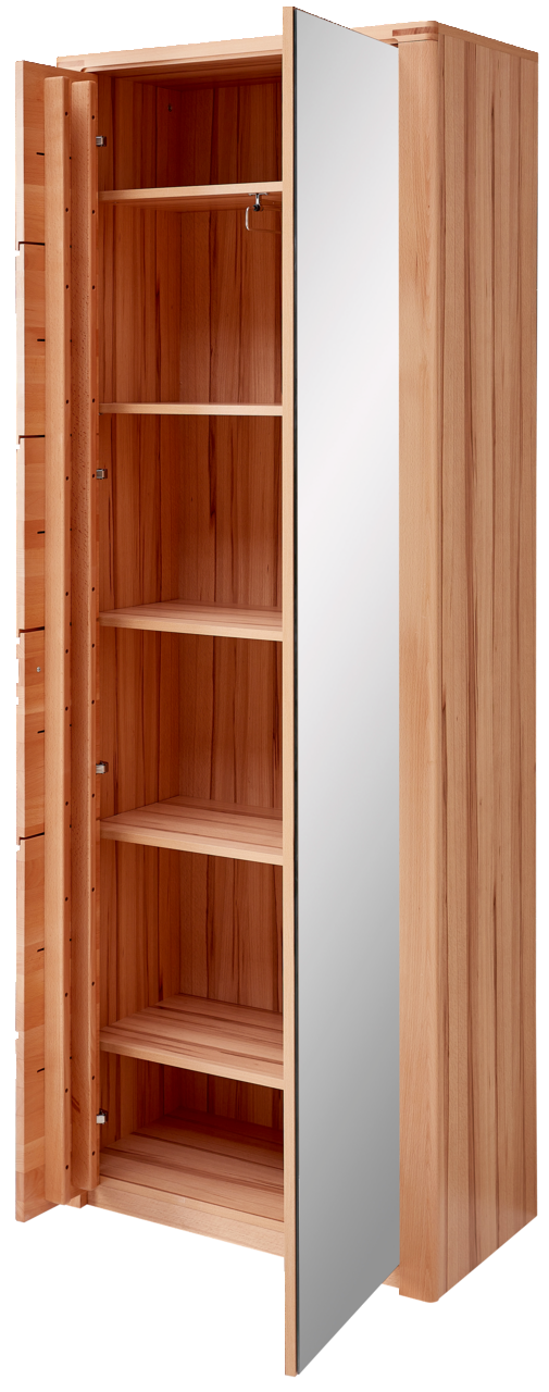 Holzgarderobe mit Spiegel, offene Tür, seitliche Perspektive