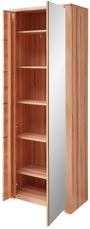 Holzgarderobe mit Spiegel, offene Tür, seitliche Perspektive
